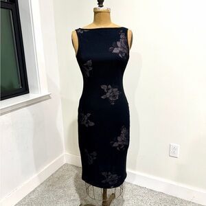 bebe Y2K Black Floral Midi Sheath Dress with Mesh Overlay